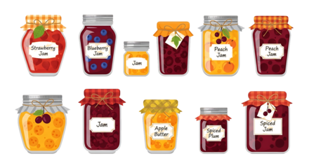 A collection of colorful fruit jams and preserves in various glass jars with decorative lids and labels, isolated on a white background.