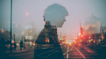 Artistic double exposure of a silhouette against a vibrant city street, capturing the essence of urban life and artistic photography.