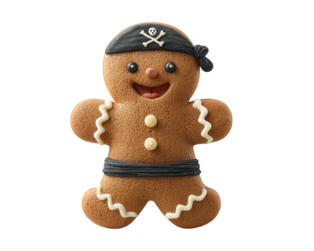 Gingerbread cookie pirate with black bandana, white skull, crossbones, icing details, smiling face, festive holiday treat, playful and cheerful design