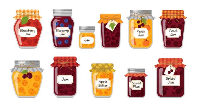 A collection of colorful fruit jams and preserves in various glass jars with decorative lids and labels, isolated on a white background.