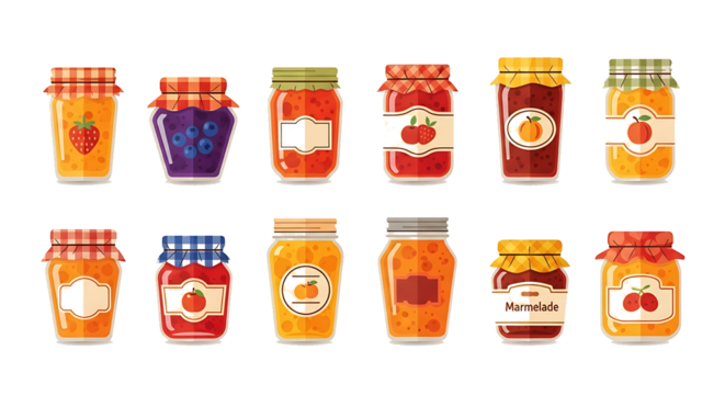 A collection of twelve jars filled with various fruit preserves, jams, and jellies, each with a distinct label and lid.