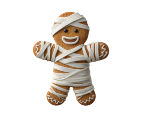 Gingerbread cookie mummy costume funny Halloween dessert sweet icing creative festive isolated happy expression brown white holiday treat playful cute cartoon bakery snack