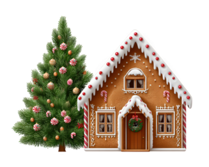 Gingerbread house Christmas tree candy icing festive holiday winter decoration sweet joyful scene with decorated gingerbread house and Christmas tree evoking warmth and celebration