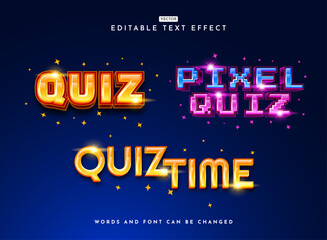 Editable Text Effect Collection Set — Glossy and Playful Quiz Style with Pixel Quiz Typography in Gold, Blue, and Violet Colors for Fun Game and Creative Design