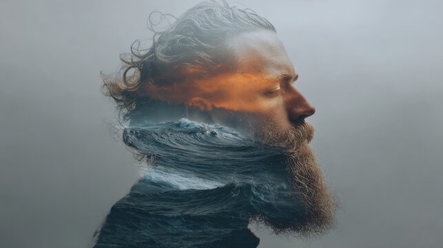 Double Exposure Image of a Bearded Man Set Against Stormy Clouds and Ocean Waves for Artistic and Dramatic Visuals
