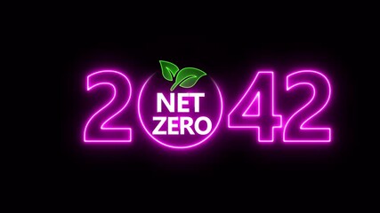 Net zero emissions by 2042 to change climate and net zero greenhouse gas emissions target. Aerial of Net zero environment sustainable development concept. Neon net zero goal achieved.4k video