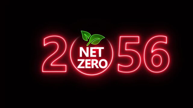 Net zero emissions by 2056 to change climate and net zero greenhouse gas emissions target. Aerial of Net zero environment sustainable development concept. Neon net zero goal achieved.4k video