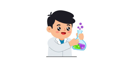 Young Cartoon Scientist Boy Doing Chemistry Experiment detailed illustration featuring kid, innovation, vector, laboratory, elementary, knowledge concept design