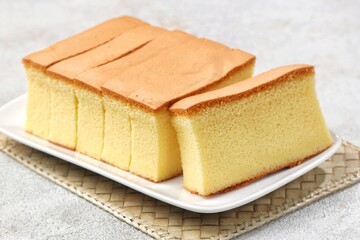 Castella or Kasutera is a Japanese sponge cake, rectangular in shape made from sugar, eggs, wheat flour, and mizuame (liquid sugar).