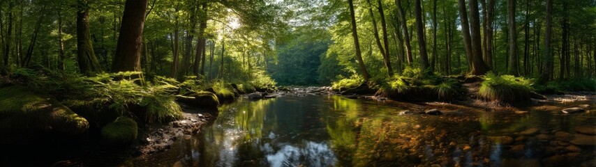 Nature hdr panorama of serene forest stream