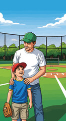 Father and Son Enjoying a Baseball Game on a Sunny Day at the Field