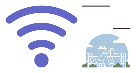 Wireless connectivity symbol next to a modern shopping mall building. Ideal for digital access, retail technology, urban life, free internet, communication, commerce, sleek design as a simple flat