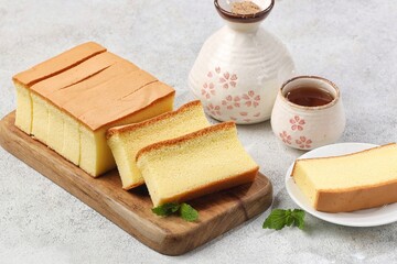 Castella or Kasutera is a Japanese sponge cake, rectangular in shape made from sugar, eggs, wheat flour, and mizuame (liquid sugar).