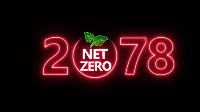 Net zero emissions by 2078 to change climate and net zero greenhouse gas emissions target. Aerial of Net zero environment sustainable development concept. Neon net zero goal achieved.4k video