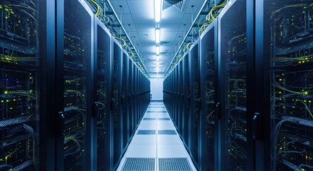 Server room interior with data racks providing storage and processing