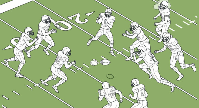 Dynamic isometric illustration capturing the thrilling essence of an American football game in action, with players engaged in a strategic play on a green sports field