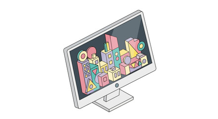 Fototapeta premium Isometric illustration of abstract shapes forming a city skyline displayed on a computer monitor