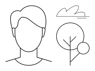 Outline of a human head, a simple tree, and a cloud conveying harmony between people and nature. Ideal for sustainability, simplicity, balance, growth, ecology mindfulness connection. A simple flat