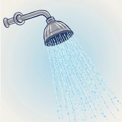 Vector illustration of a shower head with water flow, bathroom equipment design for hygiene, plumbing, and household concepts.
