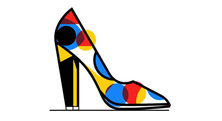 Conceptual fashion illustration of a stiletto shoe featuring a vibrant, abstract pop art pattern with colorful geometric circles