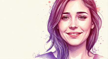 Smiling young female with long hair in colorful artistic illustration, woman hiding pain behind smile