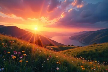 Serene sunrise over a tranquil landscape, perfect for meditation and prayer Peaceful scene evokes feelings of hope, faith, and spiritual connection , belief, grass