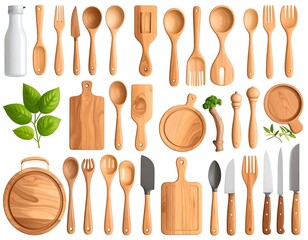Elegant kitchenware collection with wooden utensils and greenery composition