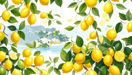 Vibrant lemon orchard with coastal view