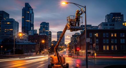 Urban street light maintenance at dusk in a busy cityscape for infrastructure and safety themes