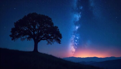 Silhouette of a lone tree against a starlit night sky, conveying peace and serenity Perfect for meditation, spirituality, and nature themes , universe, faith