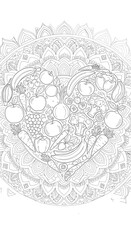 Heart Mandala Outline with Assorted Fruits and Vegetables for Healthy Eating and Lifestyle