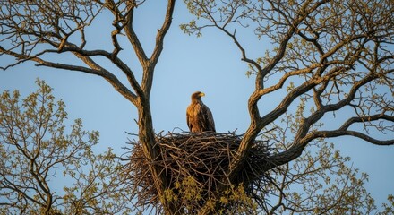 Majestic Bald Eagle Perched High in Nest Amidst Tree Branches