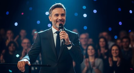 Charismatic host engaging audience in dynamic event with enthusiastic applause