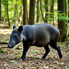 Fototapeta premium A solitary dark skinned tapir walks through a sunlit forest with fallen leaves on the ground