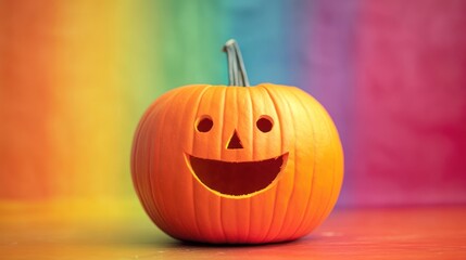 Fototapeta premium Carved halloween pumpkin with a happy face against a colorful rainbow background