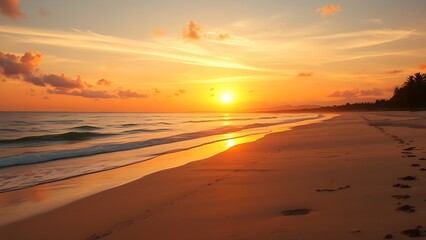 Fototapeta premium Serene beach sunset with golden hues, capturing the tranquility of an empty shoreline.