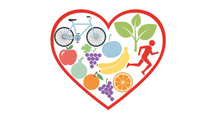 Heart shape filled with healthy lifestyle icons: fruits, vegetables, running person, and bicycle