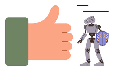 Large hand showing thumbs-up next to robot holding shield, symbolizing trust, security, and innovation. Ideal for technology, AI ethics, robotics, safety, approval innovation simple flat metaphor