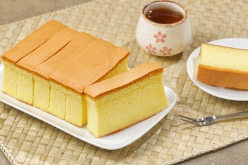 Castella or Kasutera is a Japanese sponge cake, rectangular in shape made from sugar, eggs, wheat flour, and mizuame (liquid sugar).