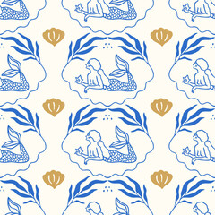 Dreamy Underwater Seamless Pattern with Marine Style Mythical Mermaids