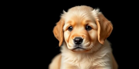 Golden retriever puppy, fluffy fur, black background, adorable eyes,  canine portrait,  headshot