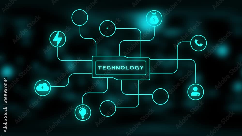 Wall mural abstract network diagram with the word technology in a central glowing box and teal lines connecting