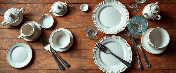 Mismatched vintage china, silverware, and glassware on a textured, aged wooden surface,  object,  china
