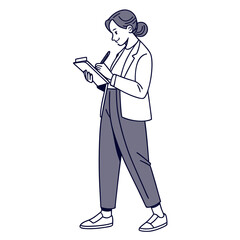 A stylishly dressed woman in a blazer and trousers taking notes on a clipboard while walking