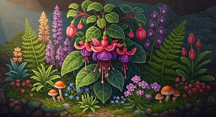 Enchanted pixelated garden with fuchsia blooms and mossy terrain