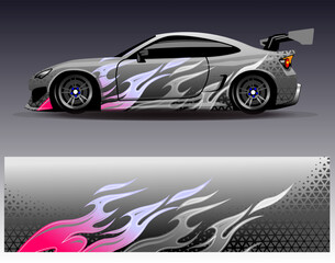 Naklejka premium Car wrap design vector. Graphic abstract stripe racing background designs for vehicle, rally, race, adventure and car racing livery