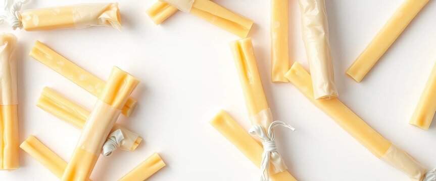 Several individually wrapped string cheese sticks arranged on a white background,  dairy,   calcium