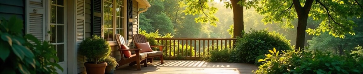 Serene, secluded porch, bathed in sunlight, surrounded by lush greenery Perfect for relaxation and peaceful contemplation Ideal for home improvement, real estate, and lifestyle projects , sunny, home
