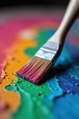 Close-up shot of a paintbrush resting on a painter's palette, bristles still wet with vibrant paint, ready for the next stroke of artistic creation , imagination, art, visual arts