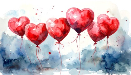Watercolor hearts, romantic balloons